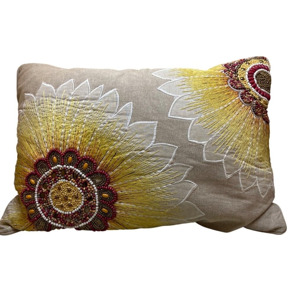Pier 1 Embroidered Sunflower Throw Pillow Beige With Yellow & Red Beaded Accents